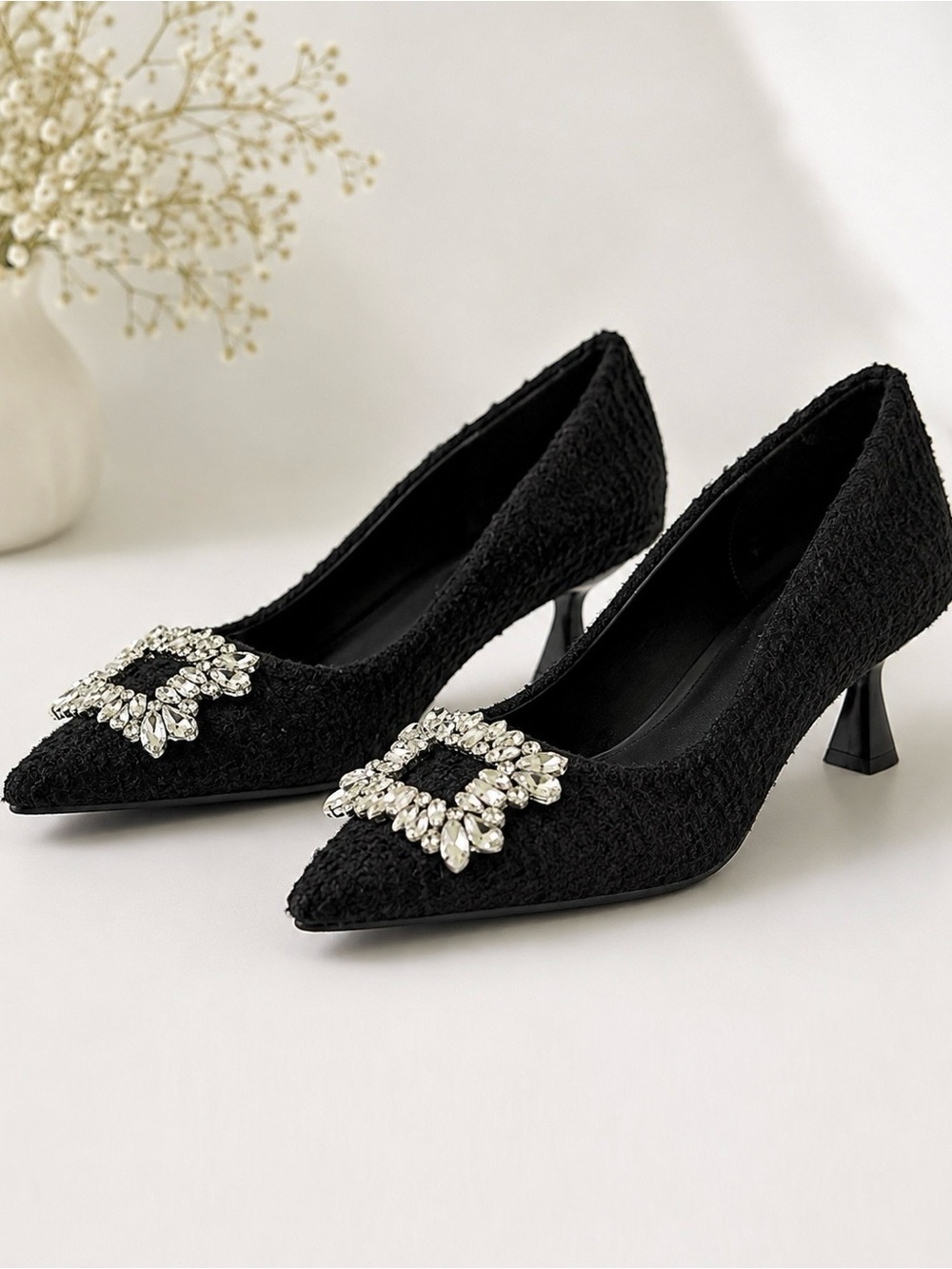 Zara Black Textured Crystal Embellished Buckle Pointed-Toe Pumps